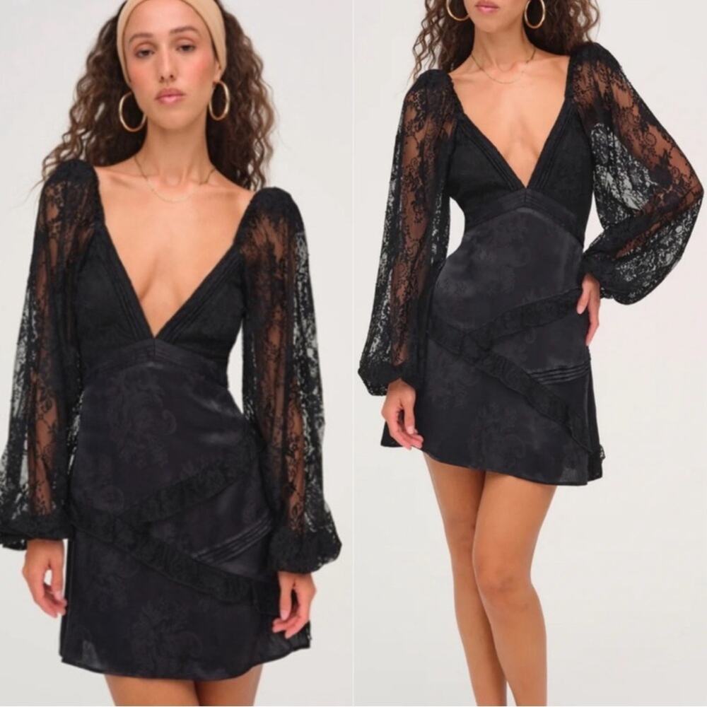 FOR LOVE & LEMONS Gisela Long Sleeve Lace Patchwork Black Mini Dress Size XS